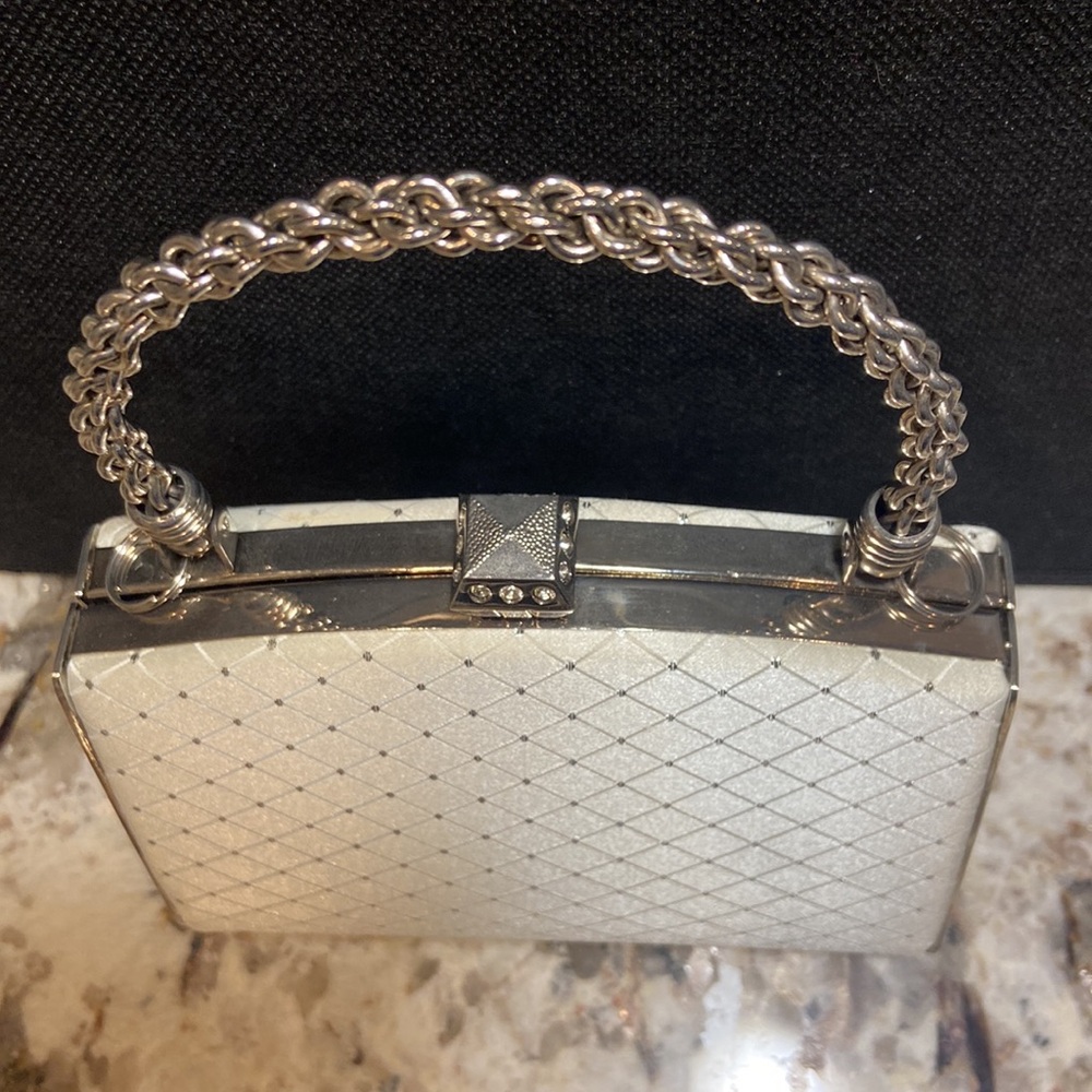 Vintage Glam Evening Bag Ivory Rhinestone Clutch Top Handle Bridal Prom - Picture 5 of 12